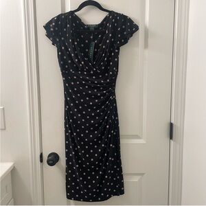 SALE! NWT Lauren Ralph Lauren Polka Dot Ruched Faux Wrap Dress V Neck Size 2